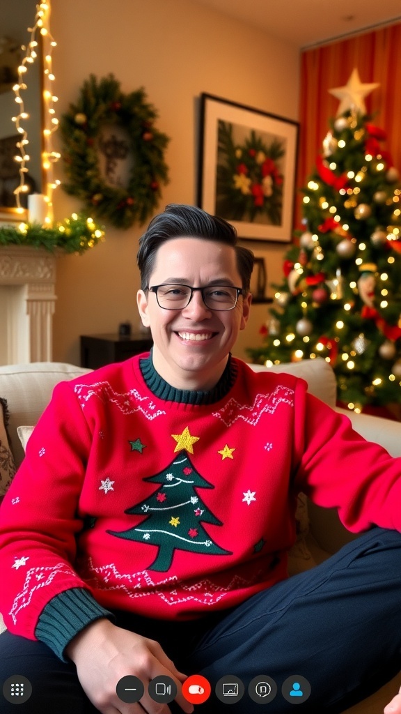 A person in a festive red sweater on a Zoom call, surrounded by Christmas decorations.